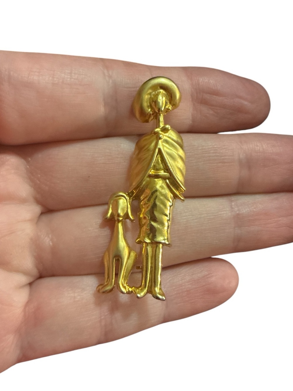 Gold-Tone Woman & Dog Brooch